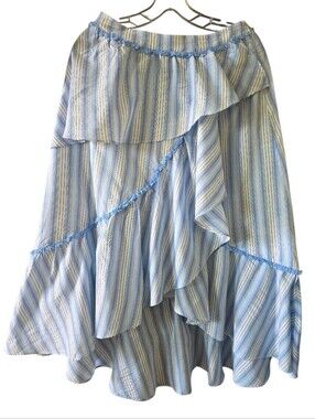 Moon River Blue and White Striped Ruffle Midi Skirt Size Small